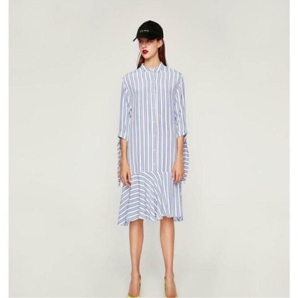 Zara Trafaluc High Low Vertical Striped 3/4 Sleeve‎ Dress SZ XS (fits oversized)